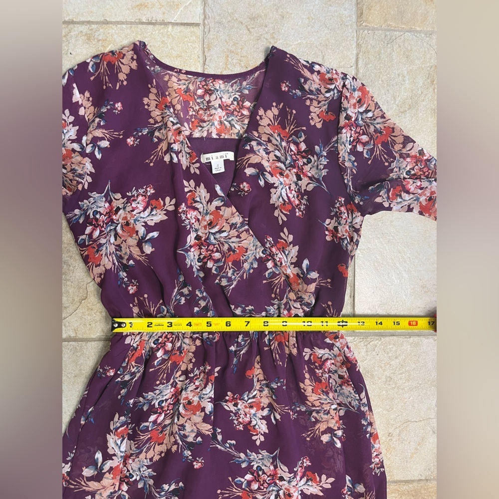 Miami Floral Mini Dress S Purple Bell Sleeve Pockets Boho Fall Wedding Fairycore - Picture 13 of 13